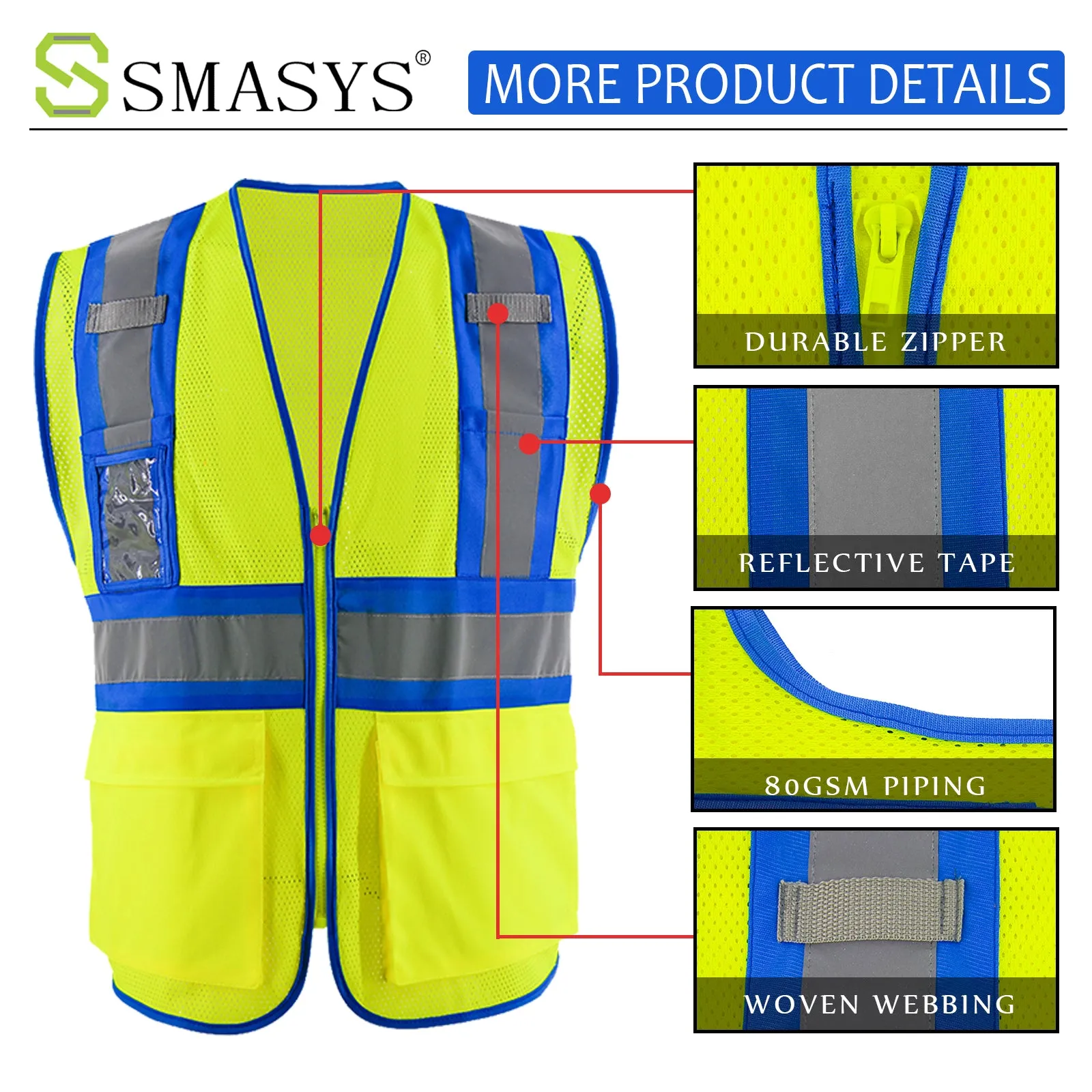 SMASYS Mesh Two-Tone Hi Vis Construction Safety Vest for Men Women(LBV-4058)