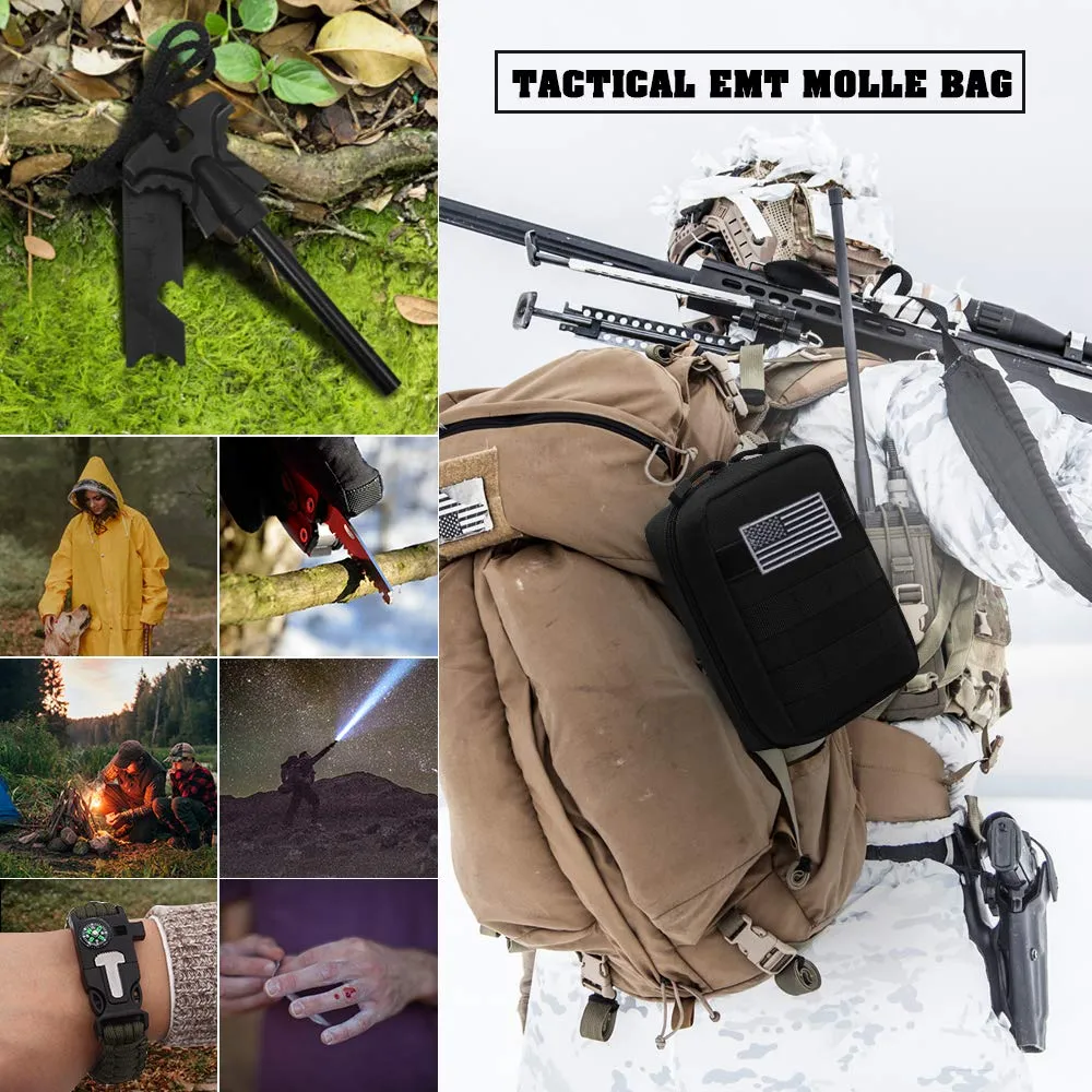Survival First Aid Kit Emergency Survival Kit Upgraded 2-1 First Aid Supply Compatible Outdoor Survival Gear Tactical Gear Molle Trauma Bag for Camping Hunting Hiking Home Outdoor (black) (black)