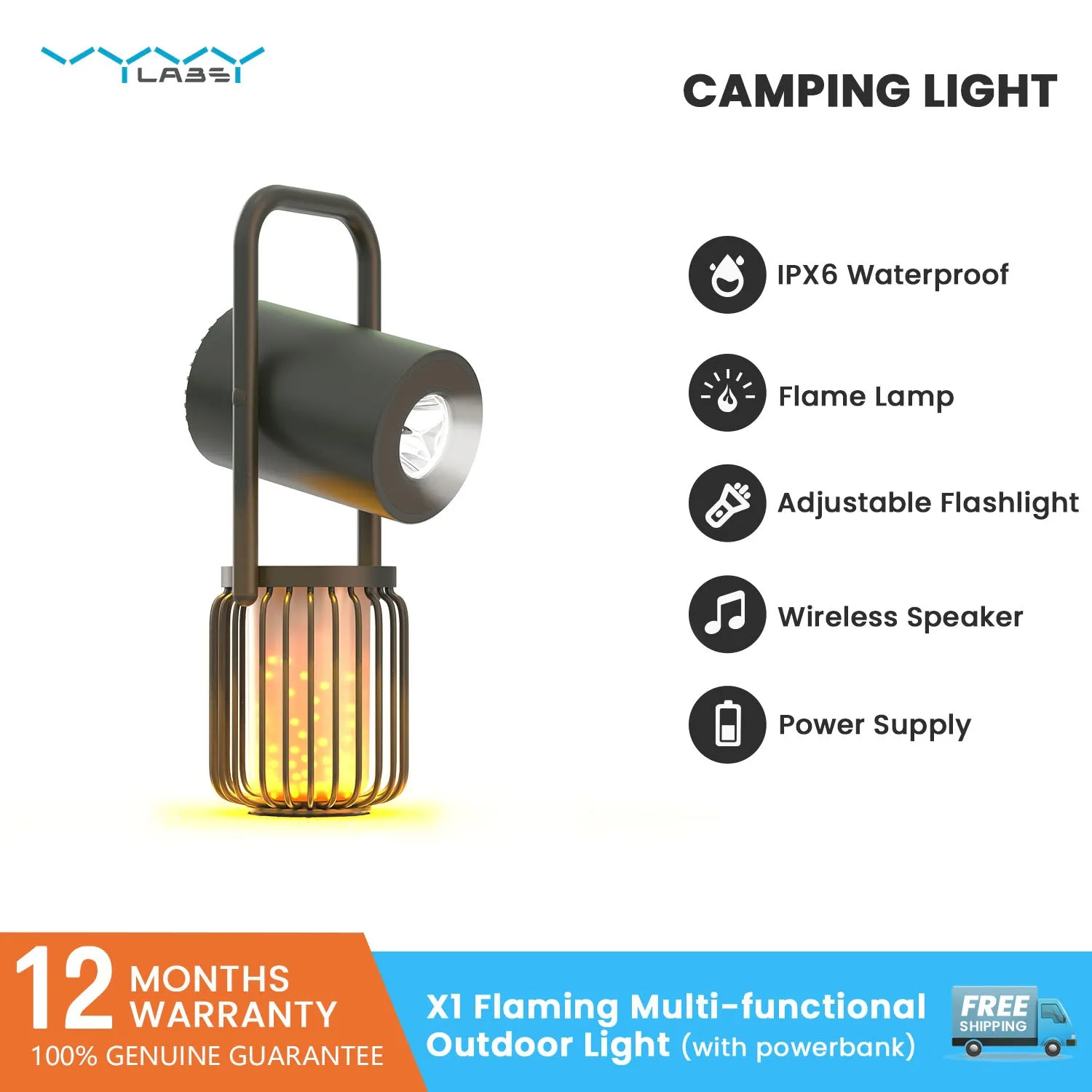 Vyvylabs X1 Flaming Multifunctional Outdoor Light Wireless Speaker   With Powerbank